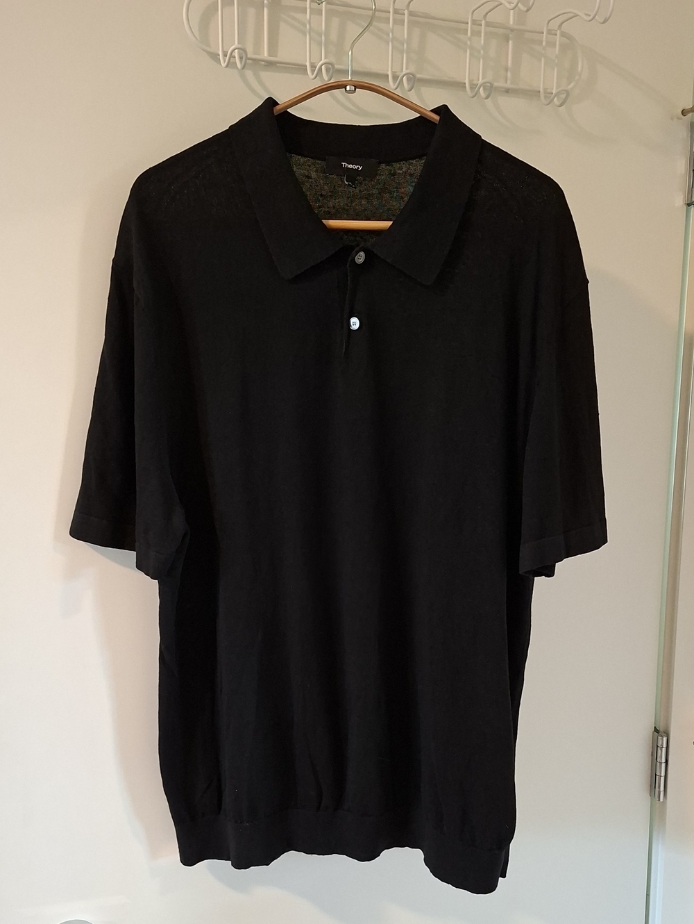 Theory Luxurious Classic Black Linen-blend Knit Polo Short-sleeve Sweater (XL)